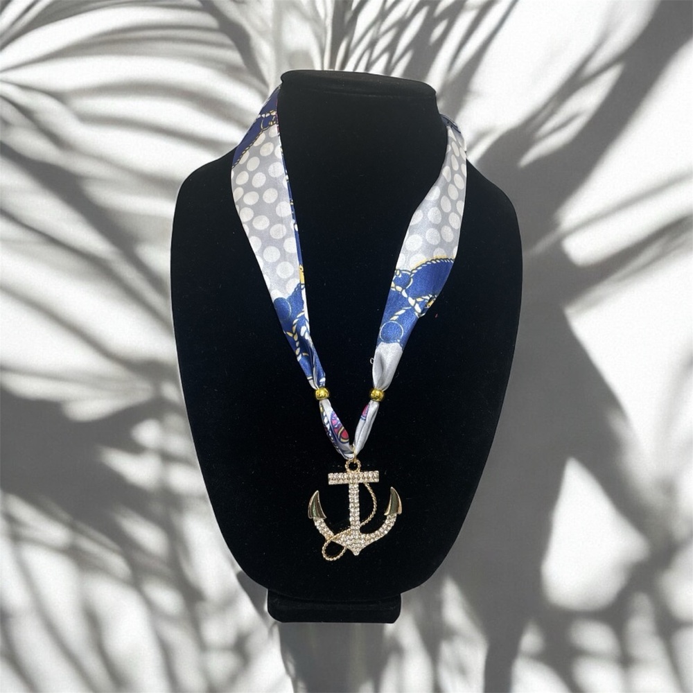 (#57) Handmade Blue and Gold Necklace with anchor Pendant